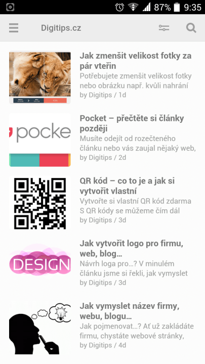 Feedly - přehled článků